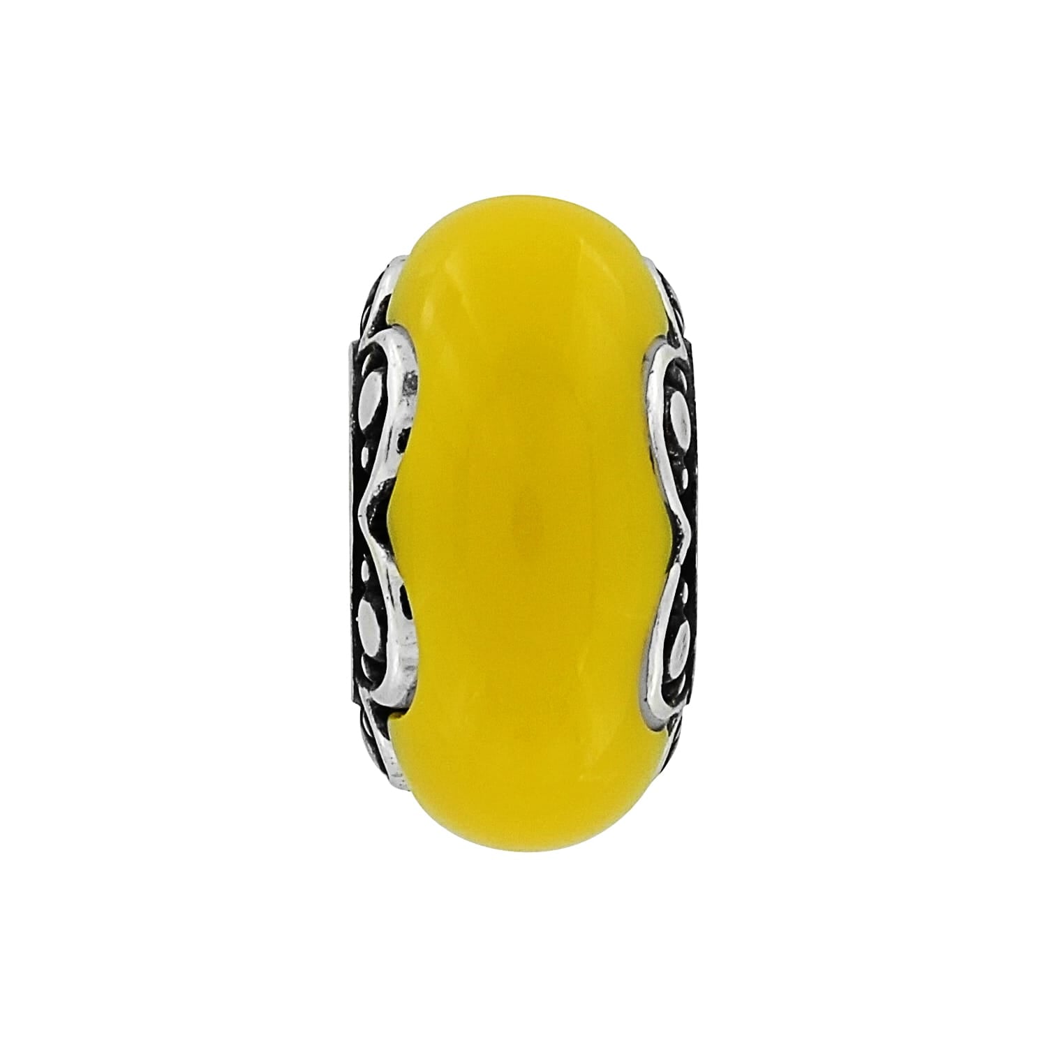 Brighton charm bead with yellow glass center and ornate silver-tone scrollwork sides on a white background
