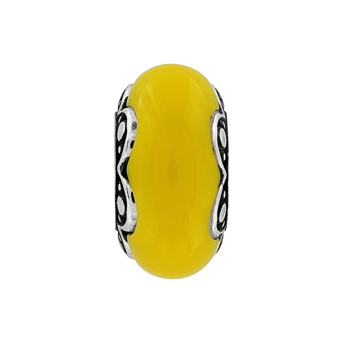 Brighton charm bead with yellow glass center and ornate silver-tone scrollwork sides on a white background