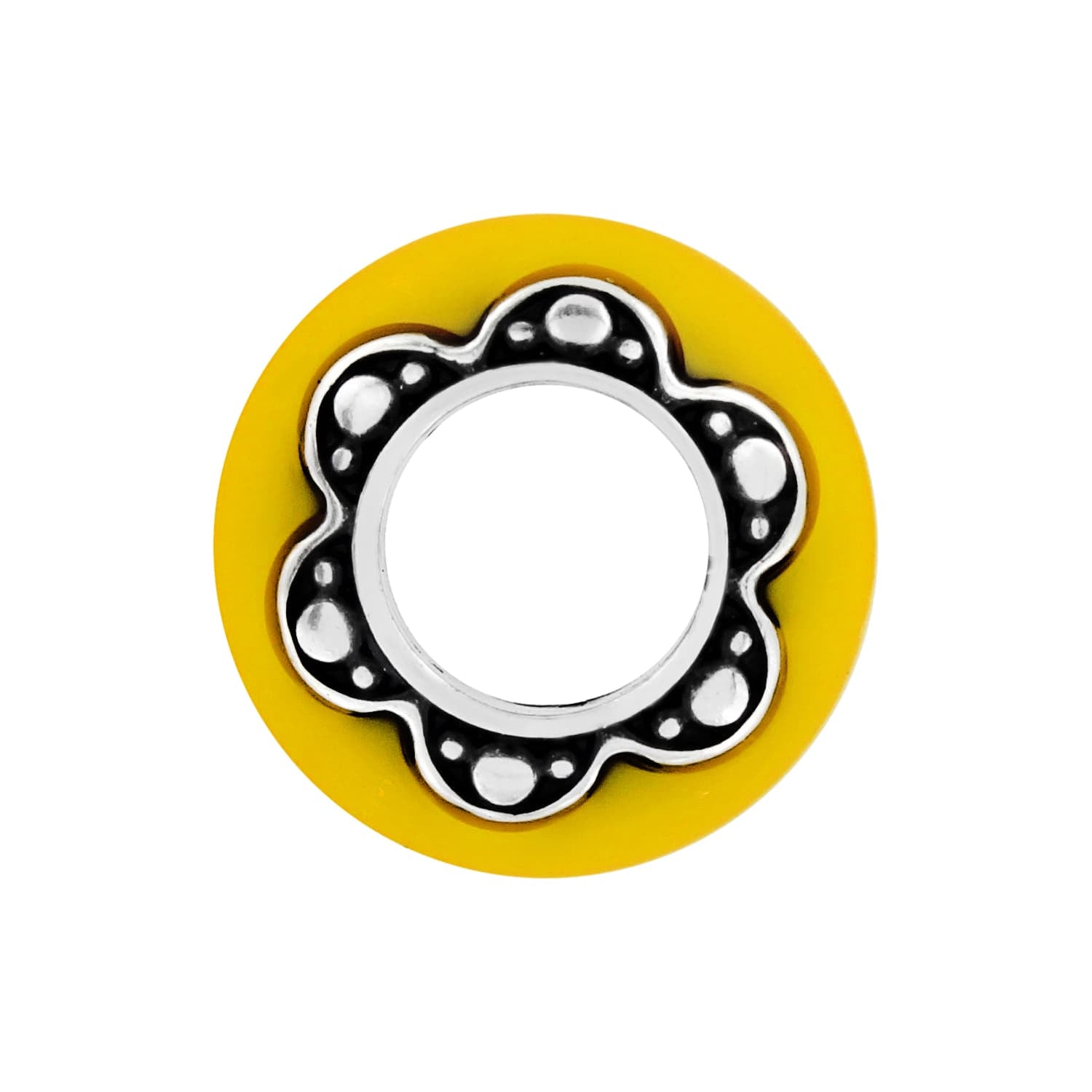 Brighton bead with yellow outer ring and silver-tone scalloped flower center with dotted detailing on a white background