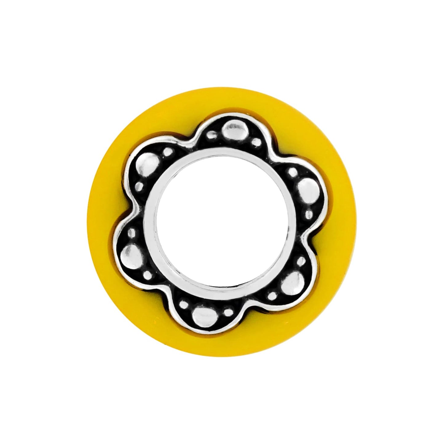 Brighton bead with yellow outer ring and silver-tone scalloped flower center with dotted detailing on a white background