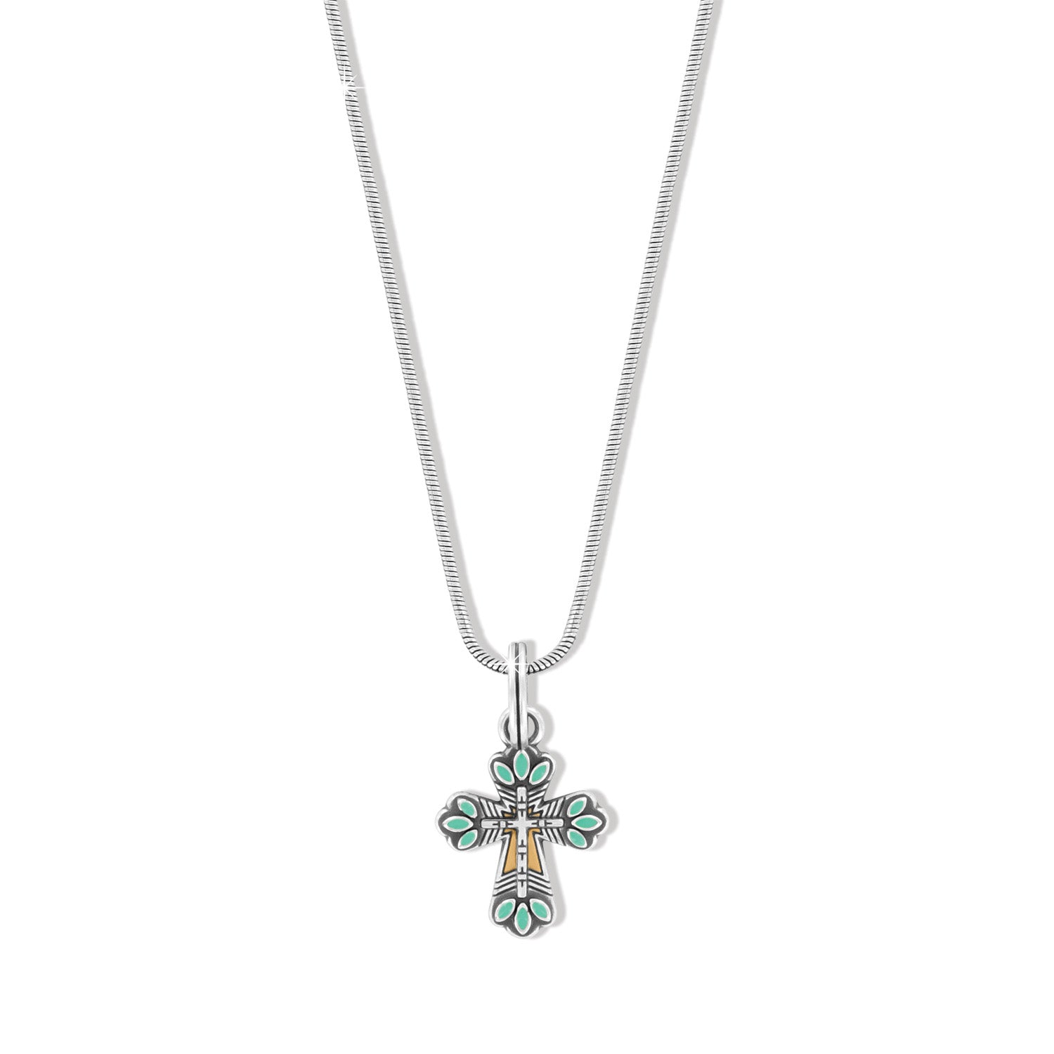 Brighton pendant necklace with silver-plated cross featuring turquoise enamel accents and gold detailing on a white background