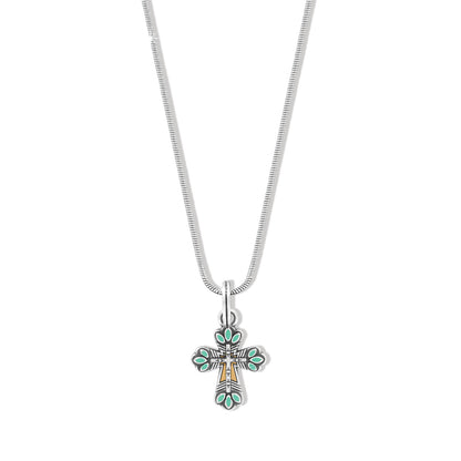 Brighton pendant necklace with silver-plated cross featuring turquoise enamel accents and gold detailing on a white background