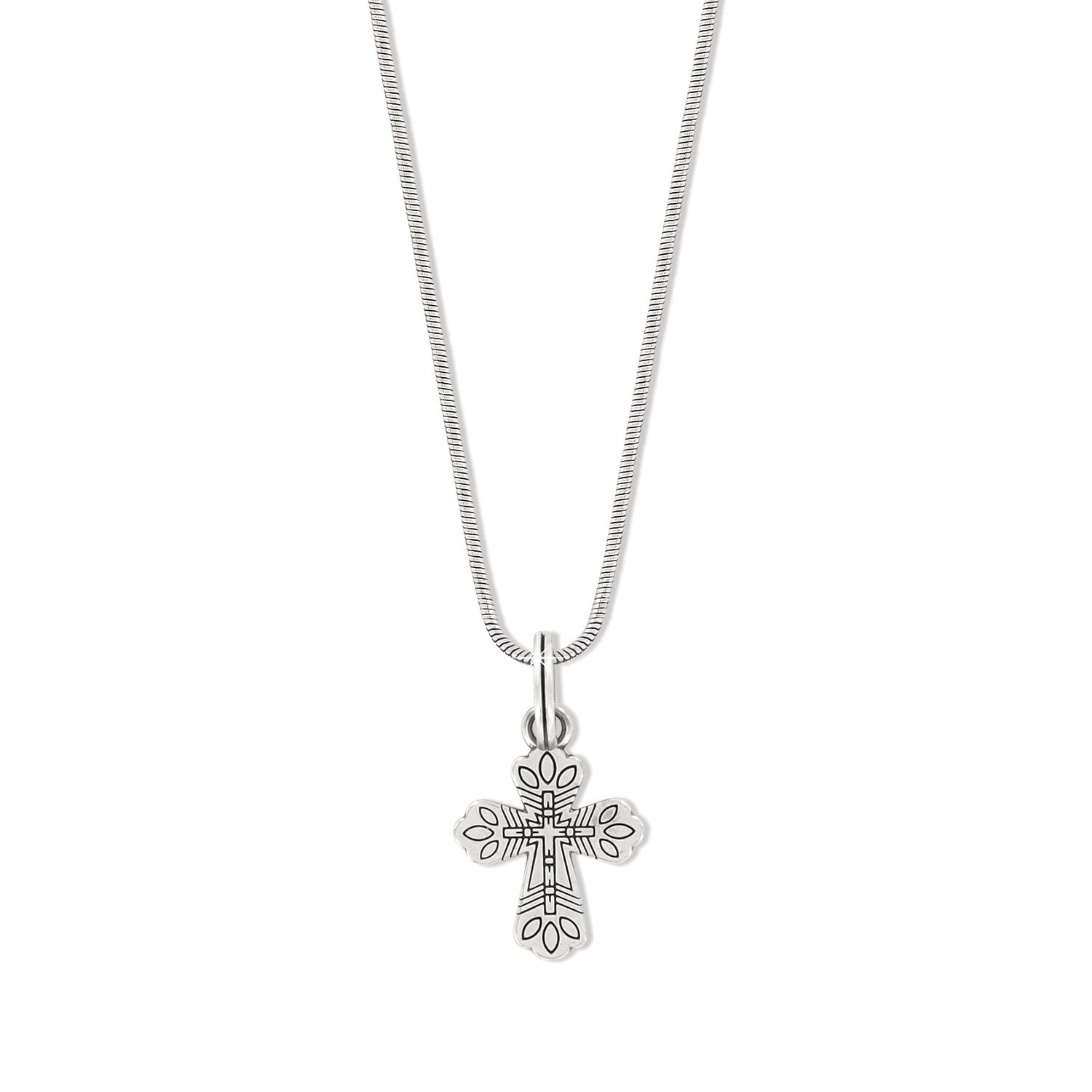 Brighton pendant necklace with silver-plated cross featuring engraved details on a snake chain on a white background