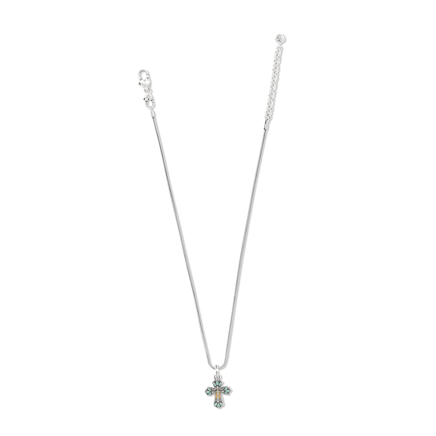 Brighton pendant necklace with silver-plated cross featuring turquoise enamel accents and lobster clasp on a white background