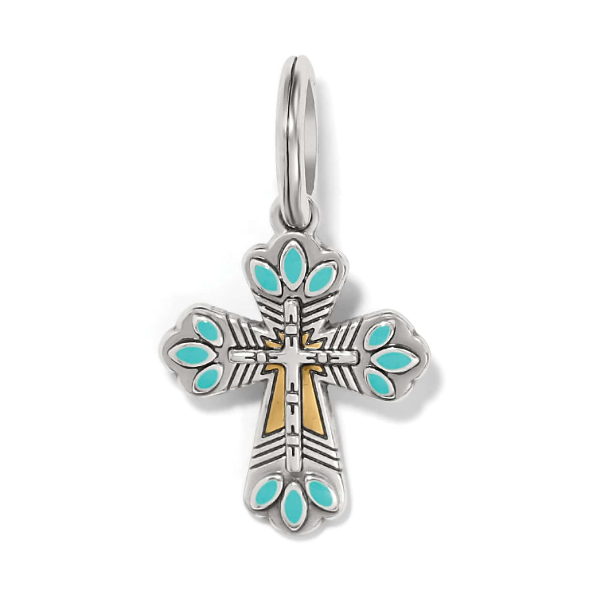 Brighton cross charm with turquoise enamel accents, silver-plated frame, and gold-plated inner cross on a white background