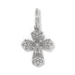 Brighton cross charm with silver-plated finish and engraved floral detailing with split ring on a white background