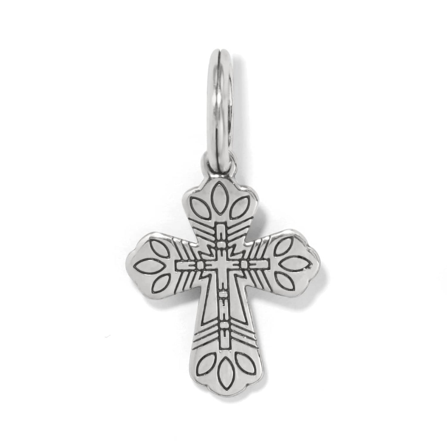 Brighton cross charm with silver-plated finish and engraved floral detailing with split ring on a white background