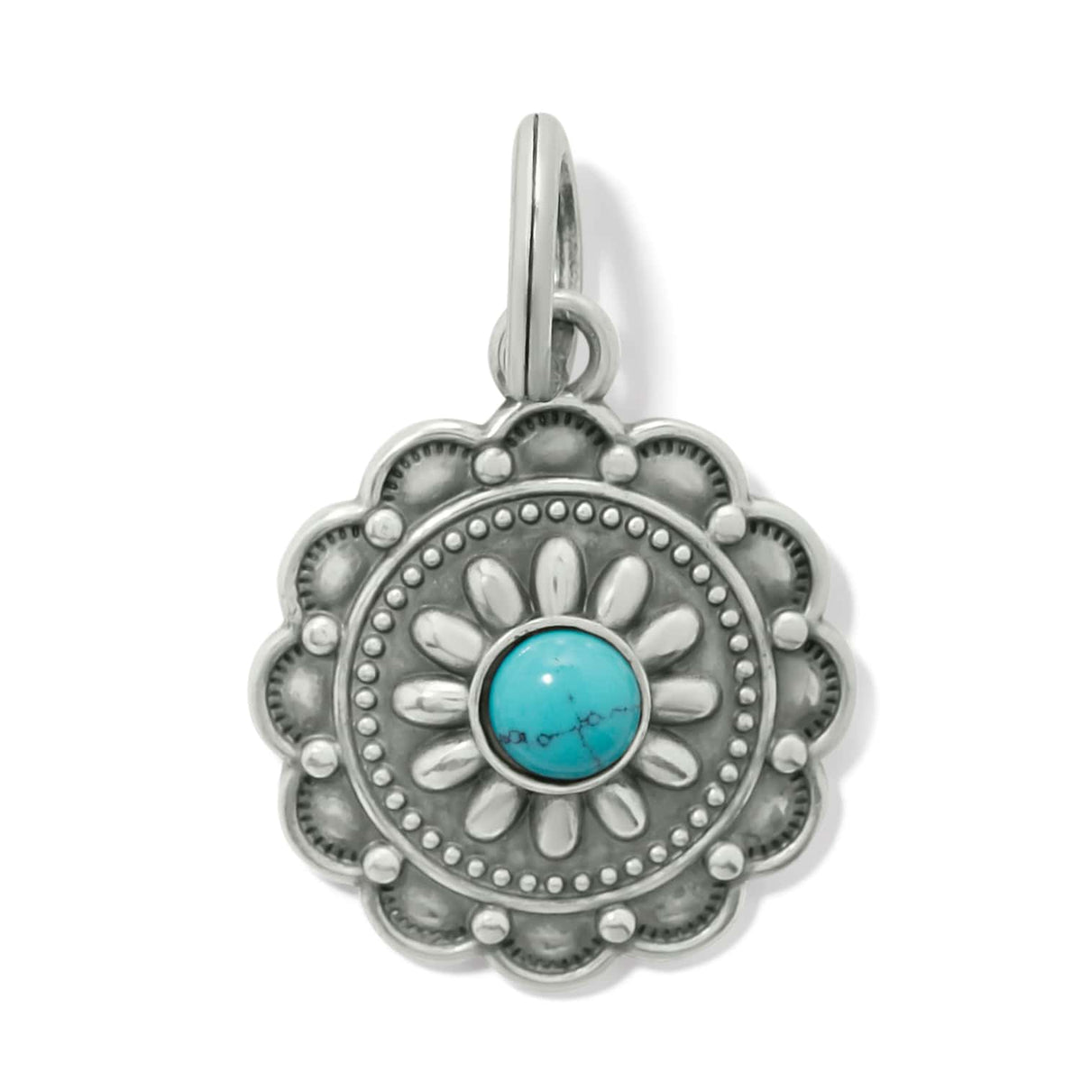 Brighton pendant charm with dyed howlite turquoise stone center and silver-plated scalloped floral design on a white background