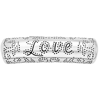 Close-up of Brighton silver-plated band with engraved cursive Love script and dotted floral pattern detailing
