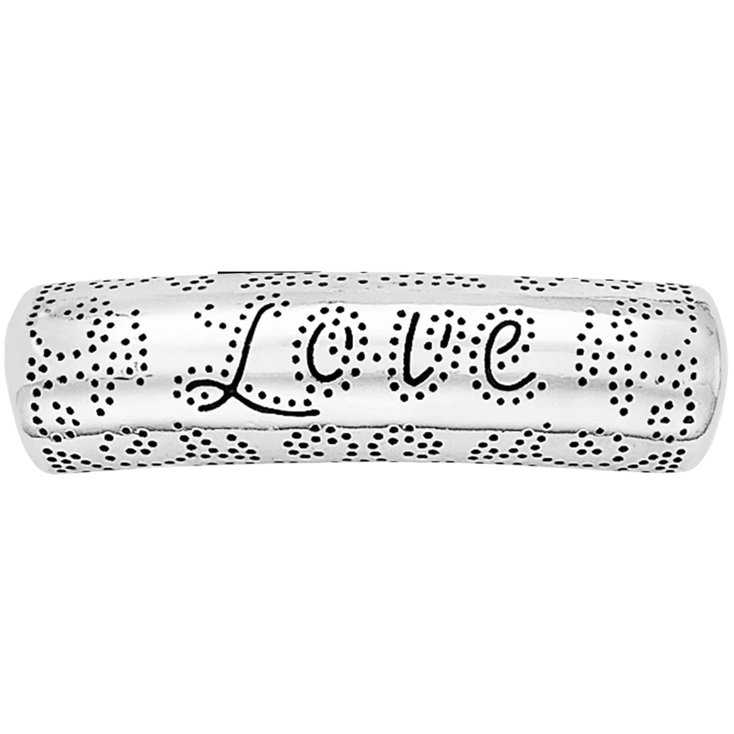 Close-up of Brighton silver-plated band with engraved cursive Love script and dotted floral pattern detailing
