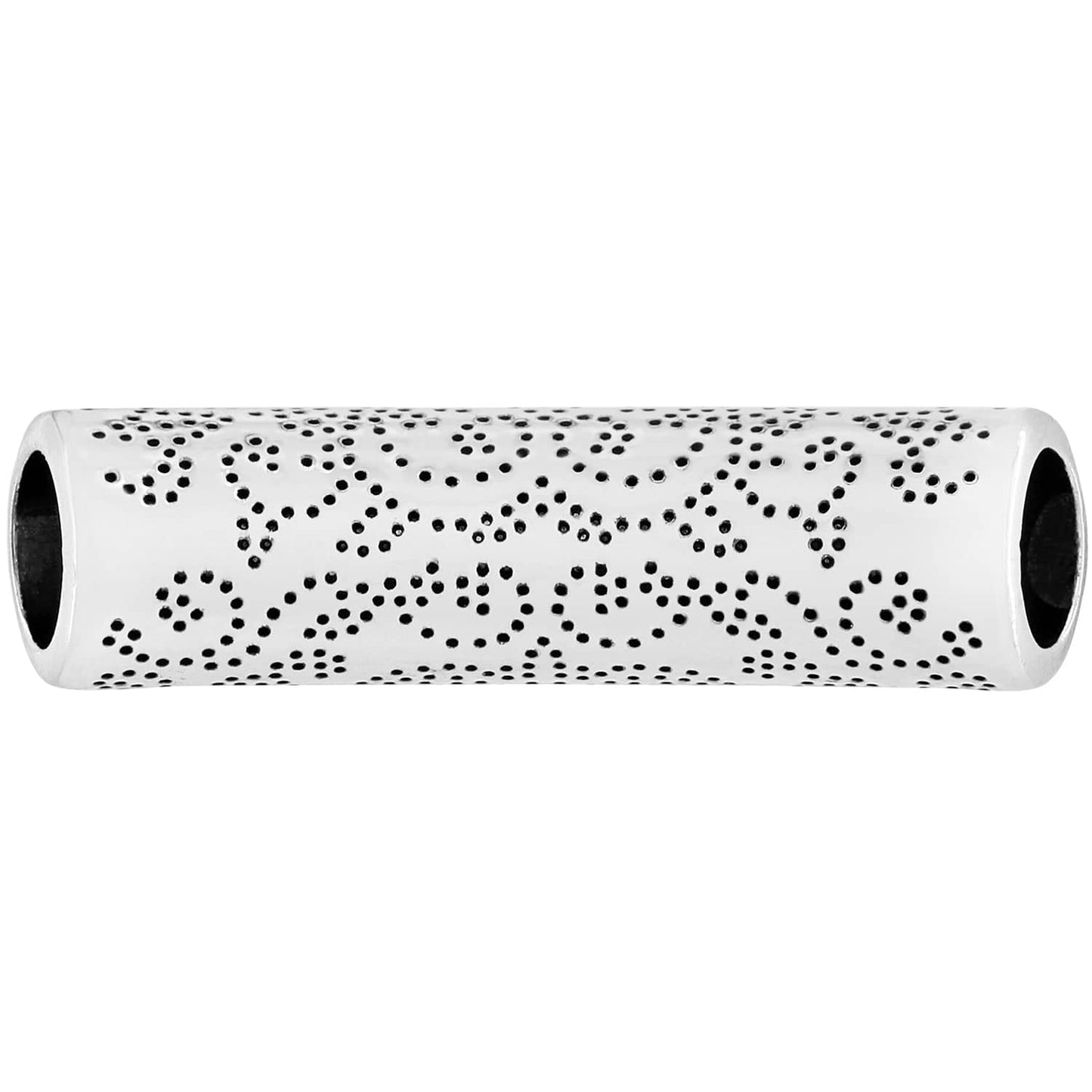 Brighton silver-plated tubular bead with perforated floral scroll pattern and open ends on a white background