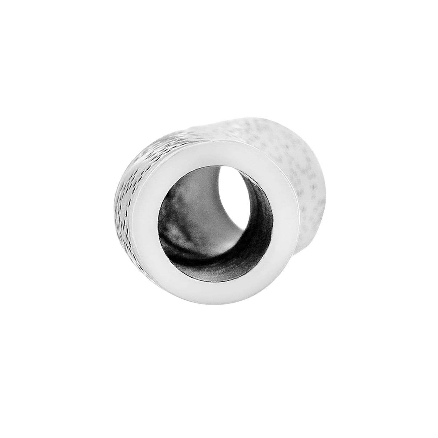 Brighton silver-plated bead charm with textured exterior and polished interior shown from the side on a white background