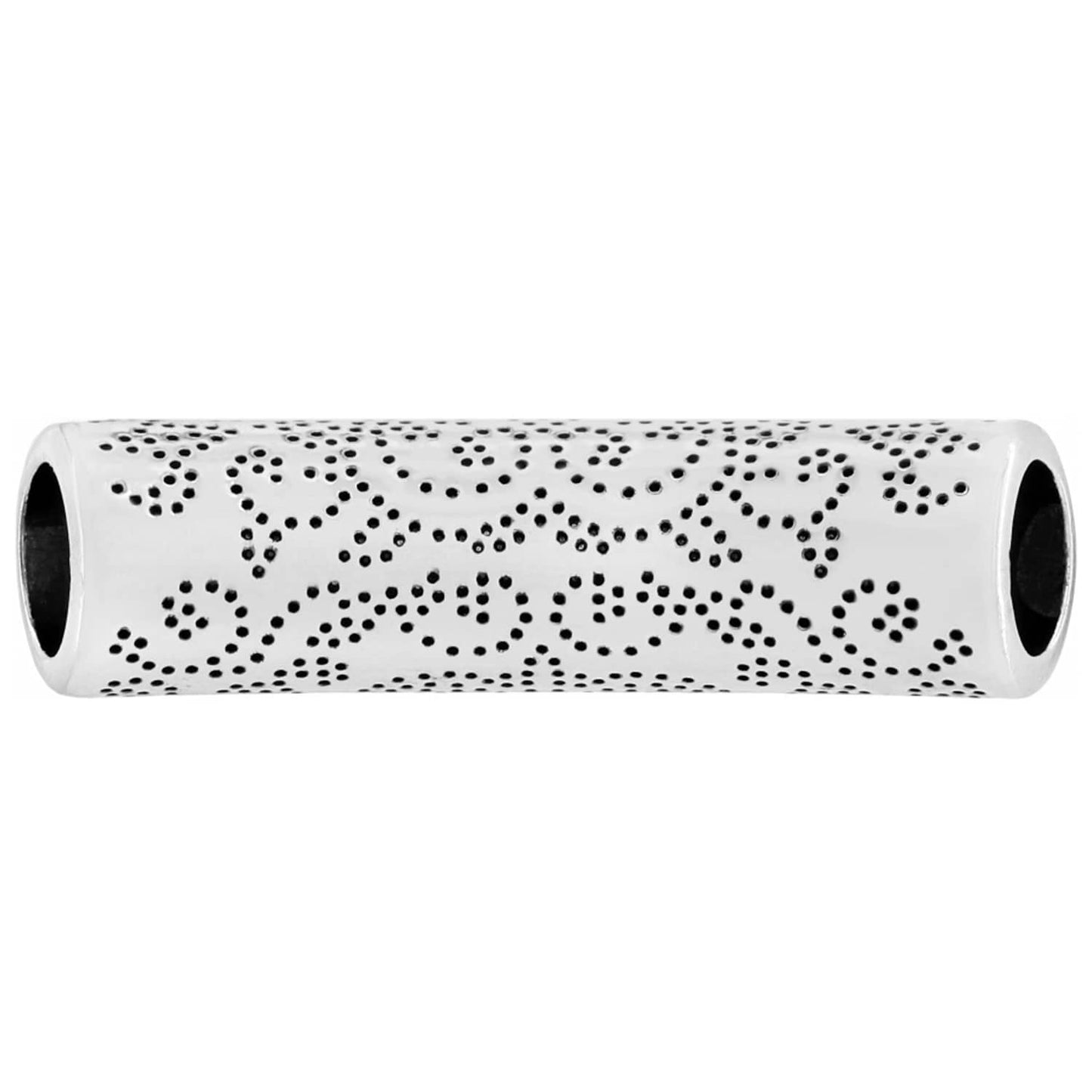 Brighton silver-plated cylindrical bead with perforated dot floral scroll pattern and open ends on a white background