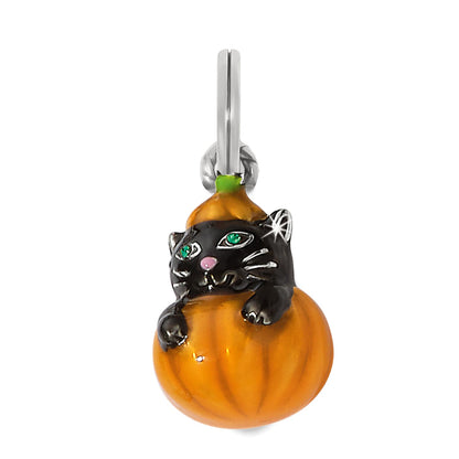 Brighton charm with black enamel cat and orange pumpkin, green crystal eyes, and silver-plated bail on a white background