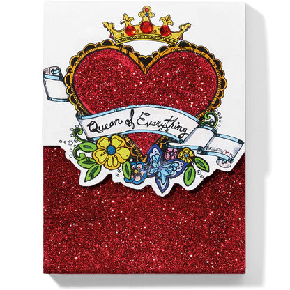 Brighton notepad with red glitter heart, gold crown, and Queen of Everything banner illustration on a white background