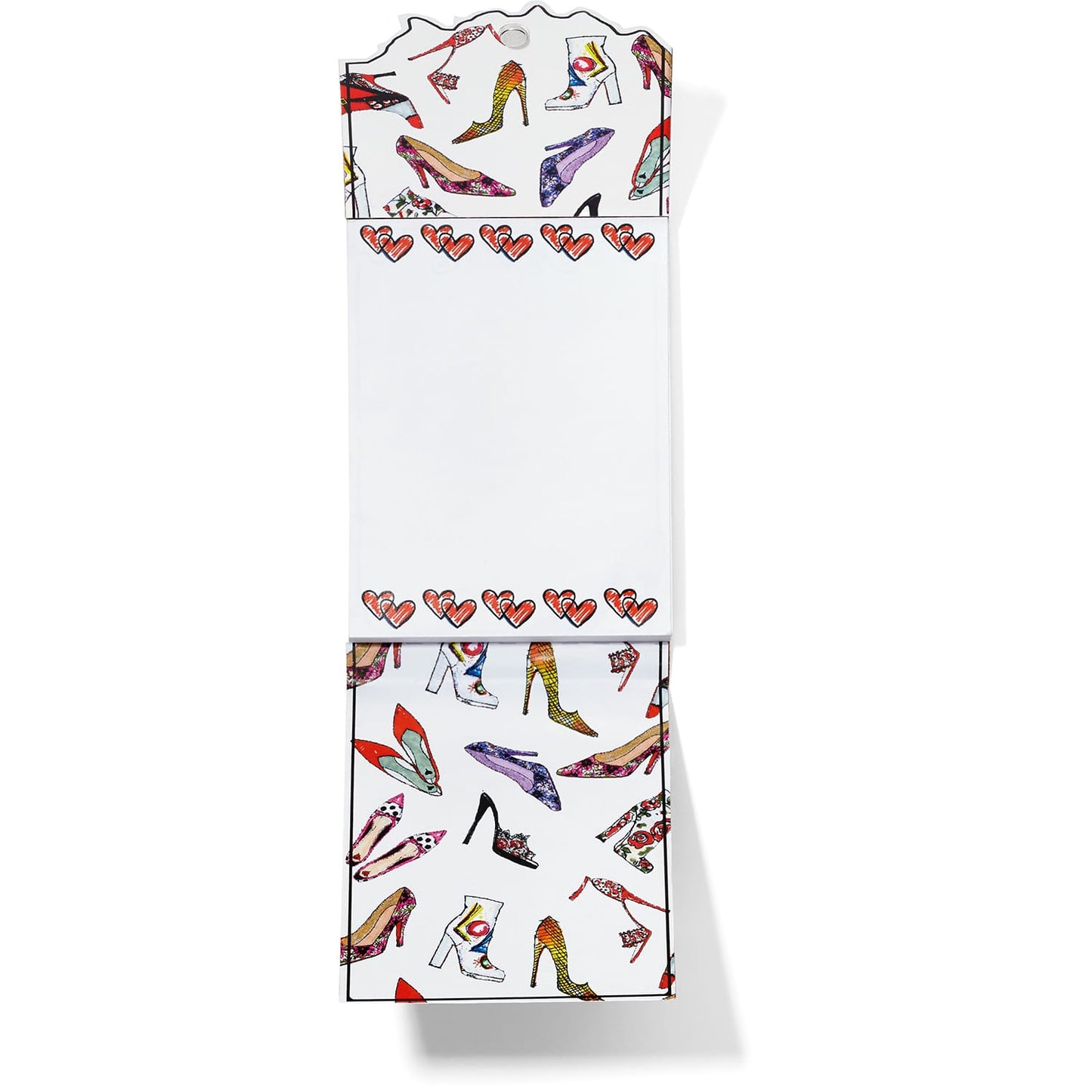 Brighton notepad with illustrated high heel shoe print and red heart border details on a white background