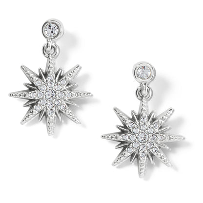 Brighton silver-plated starburst drop earrings with crystal accents and crystal post studs on a white background