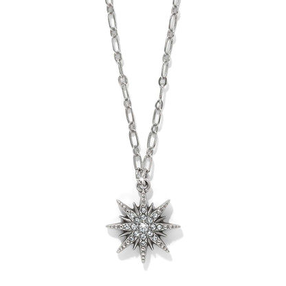Brighton pendant necklace with silver-plated starburst featuring crystal accents on a paperclip-style chain on a white background