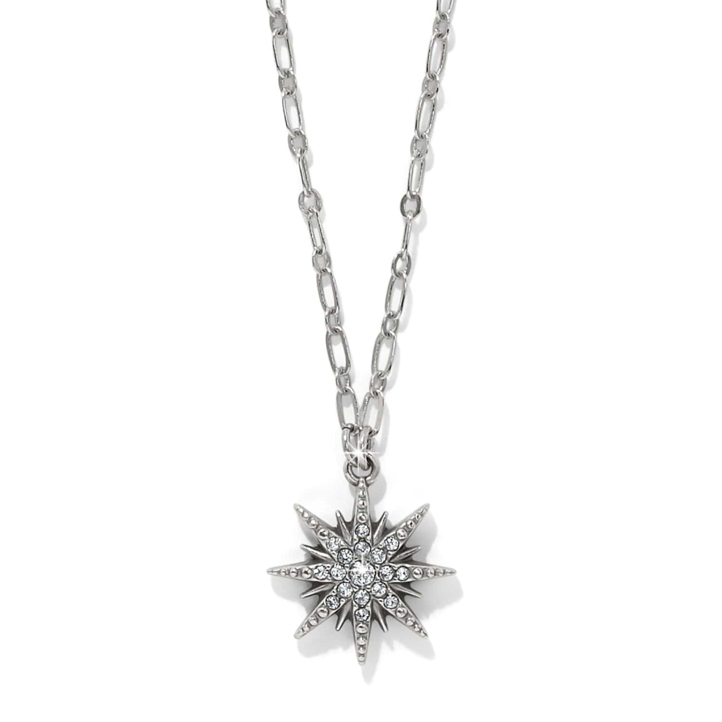 Brighton pendant necklace with silver-plated starburst featuring crystal accents on a paperclip-style chain on a white background