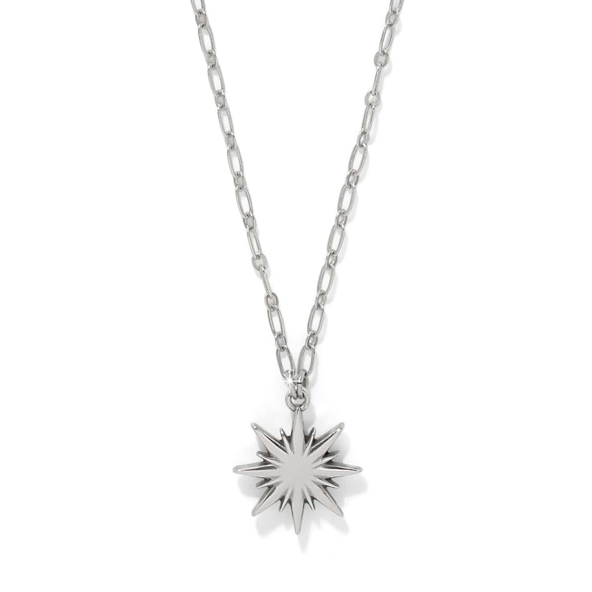 Brighton pendant necklace with silver-plated starburst charm and link chain on a white background