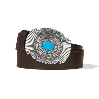 Brighton brown leather belt with ornate oval silver-tone buckle featuring turquoise stone center on a white background