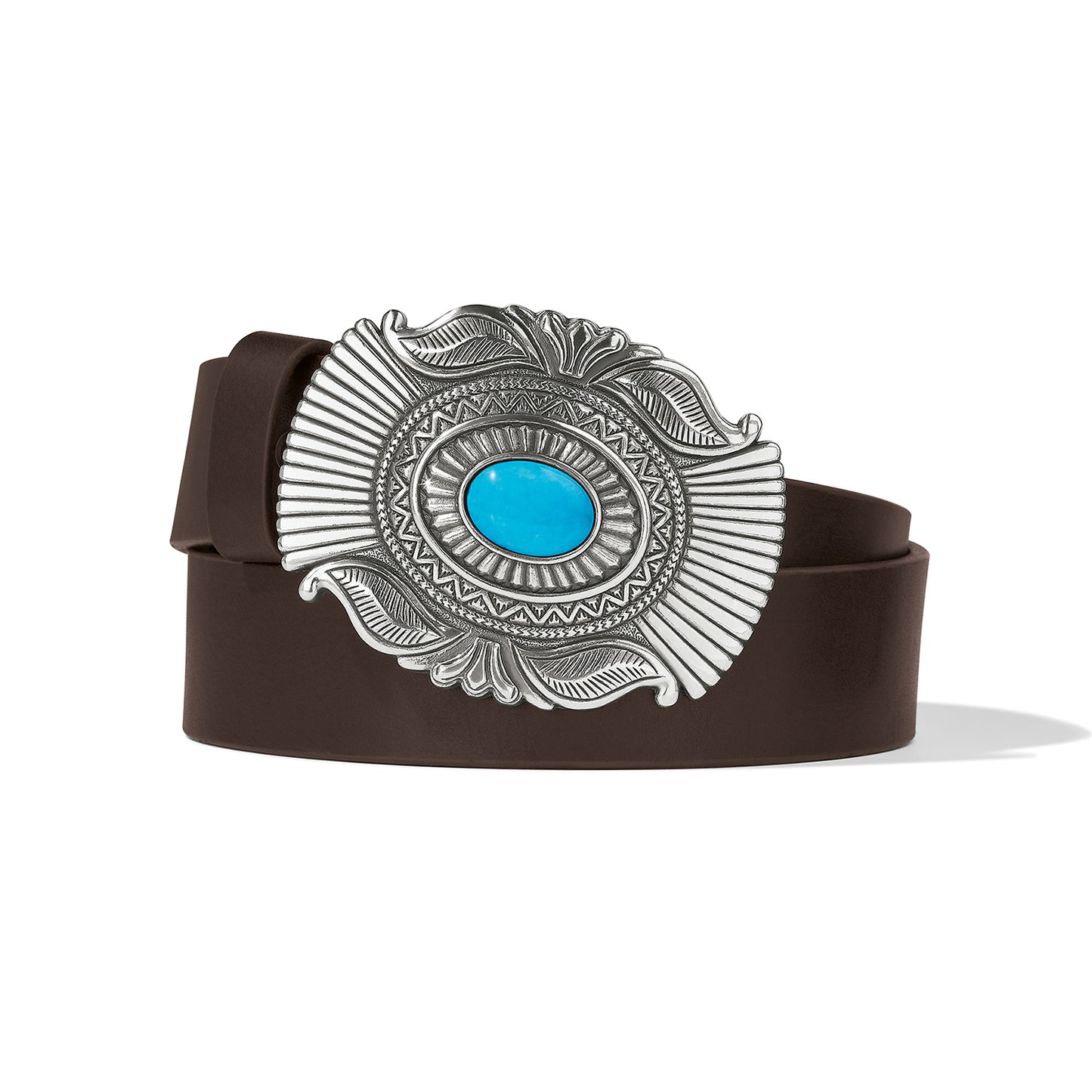 Brighton brown leather belt with ornate oval silver-tone buckle featuring turquoise stone center on a white background