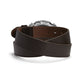 Brighton coiled dark brown leather belt with ornate silver-tone engraved buckle on a white background