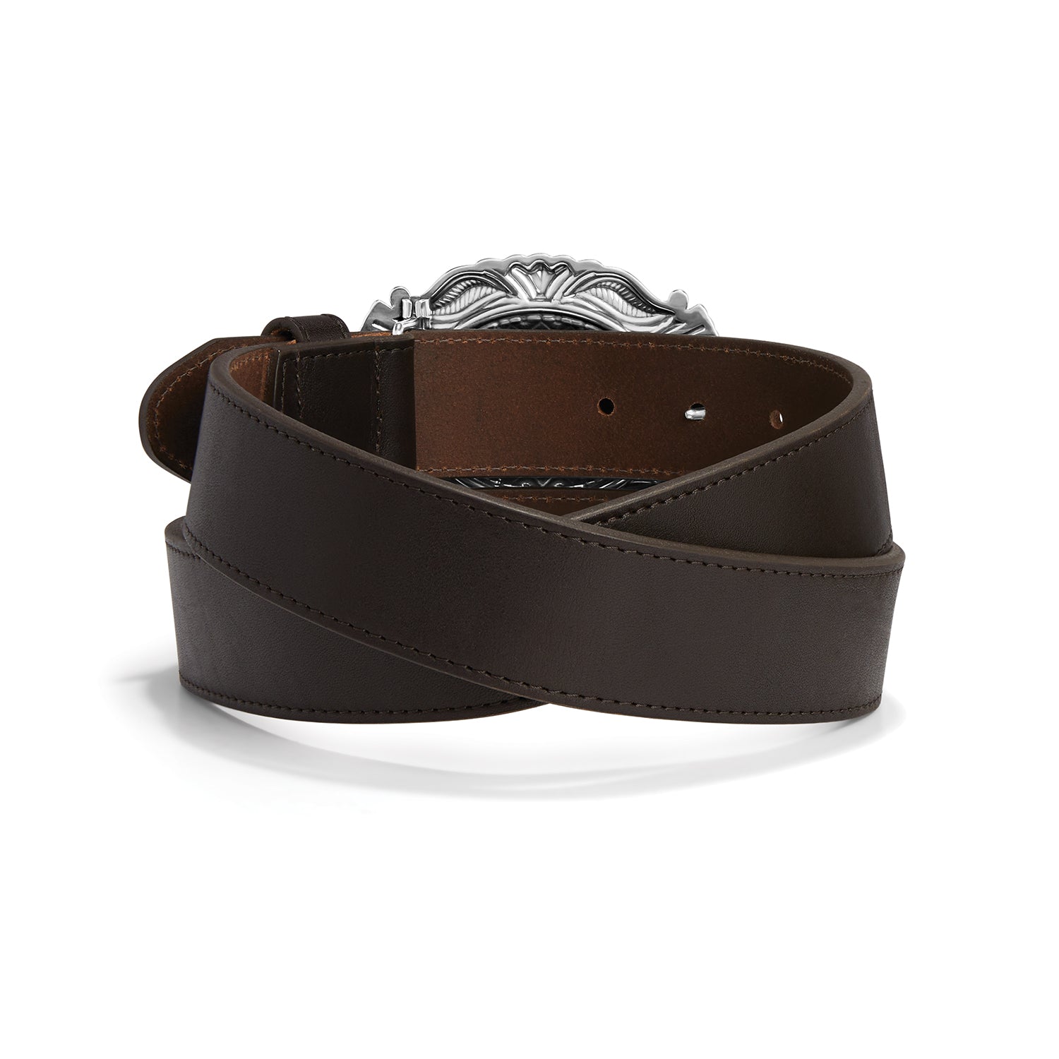 Brighton coiled dark brown leather belt with ornate silver-tone engraved buckle on a white background