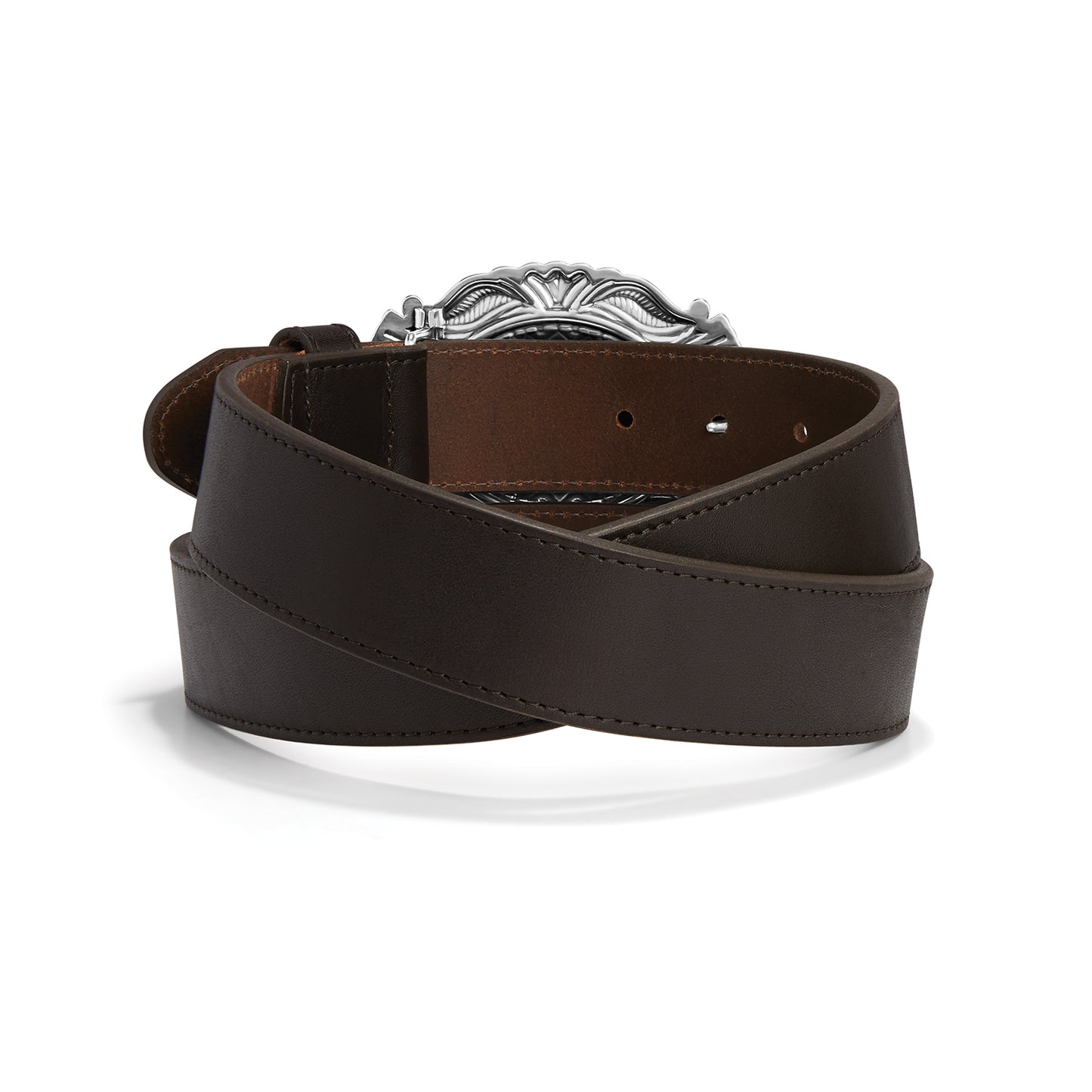 Brighton coiled dark brown leather belt with ornate silver-tone engraved buckle on a white background
