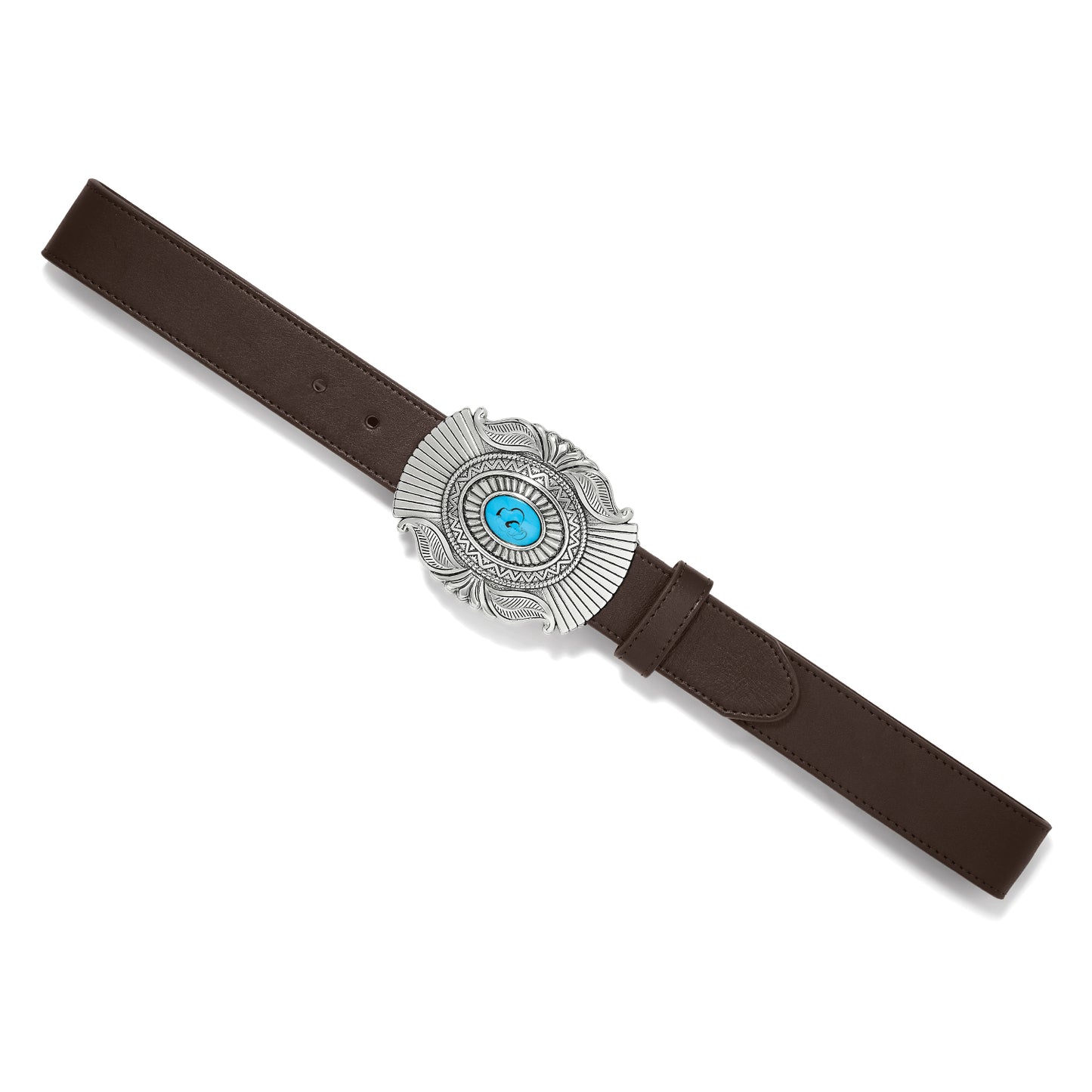 Brighton brown leather belt with ornate silver-tone oval buckle featuring turquoise center stone on a white background