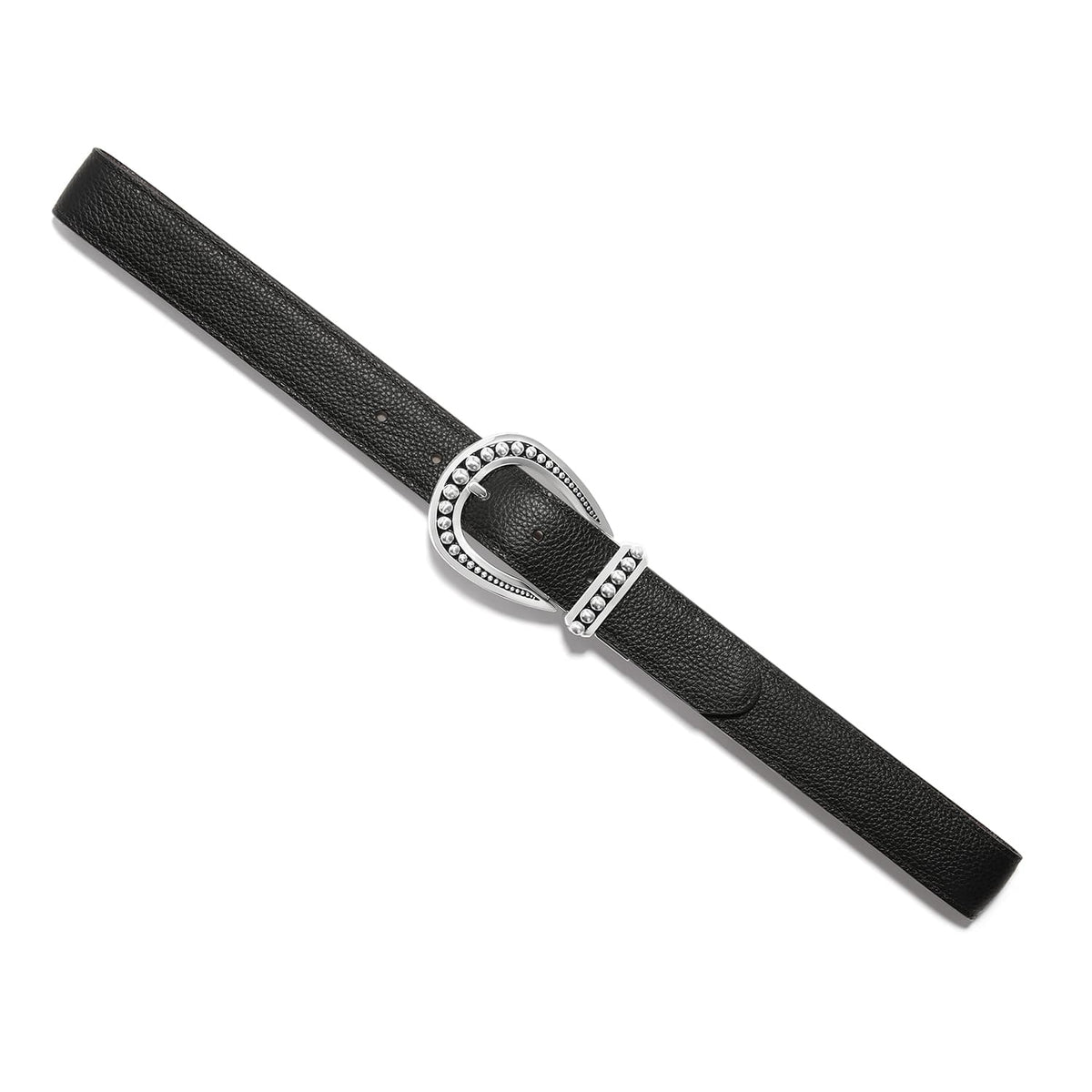 Brighton black leather belt with silver-tone beaded horseshoe buckle and matching keeper loop on a white background