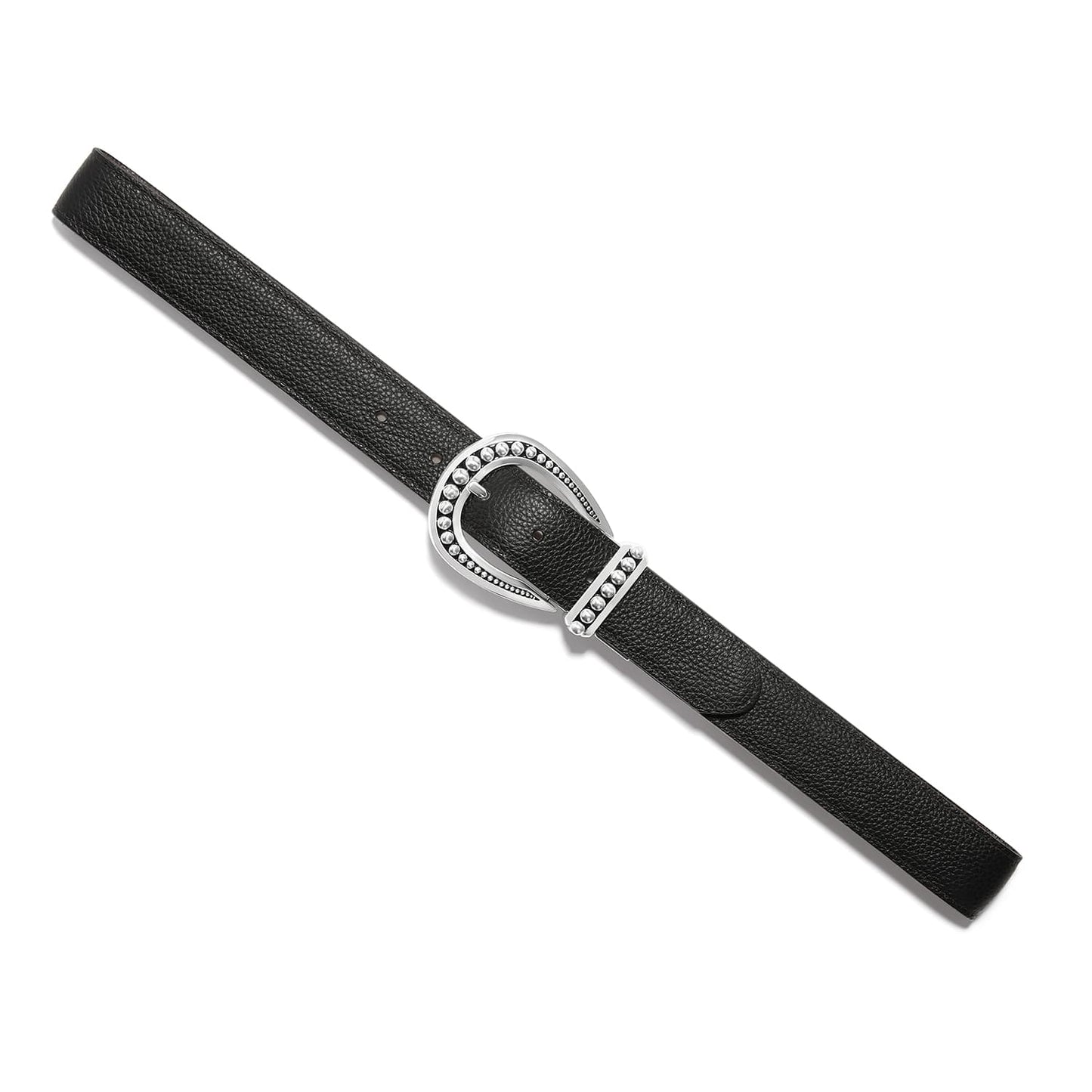 Brighton black leather belt with silver-tone beaded horseshoe buckle and matching keeper loop on a white background