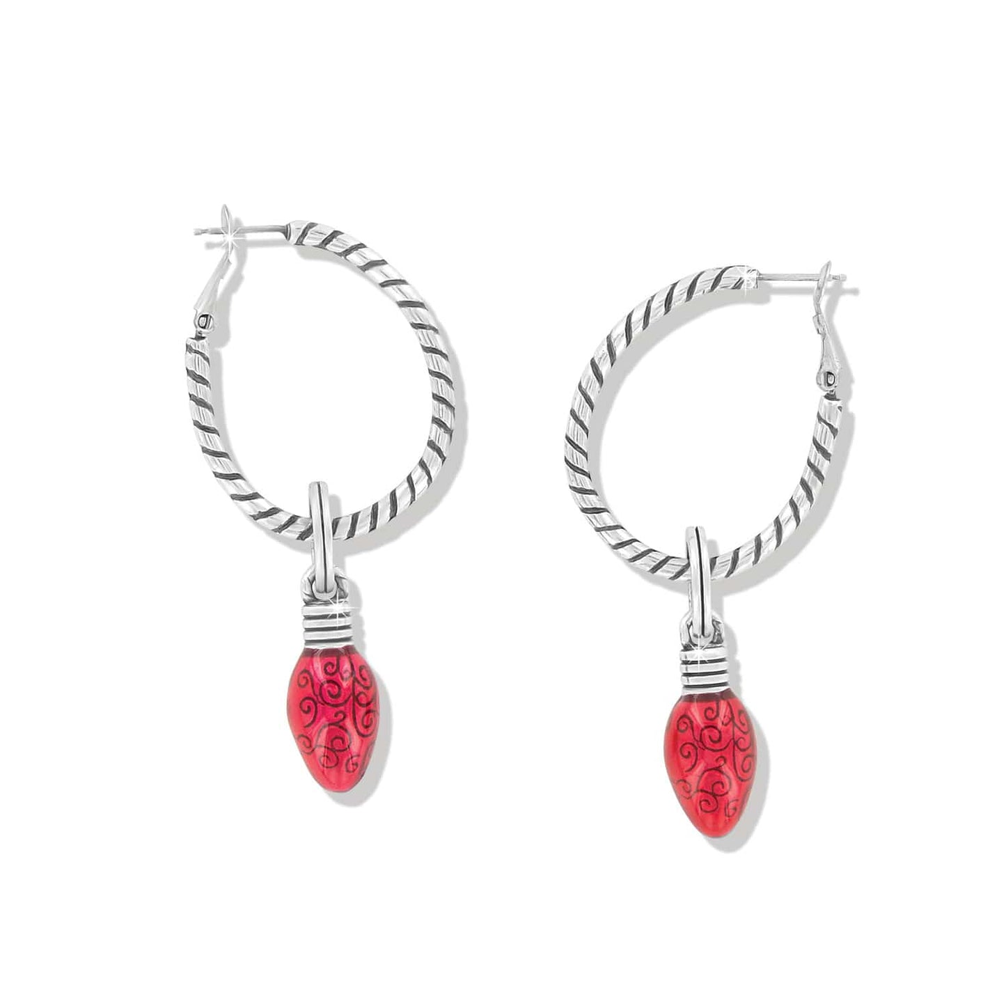 Brighton hoop earrings with silver-tone twisted rope design and red enamel Christmas light bulb charms on a white background