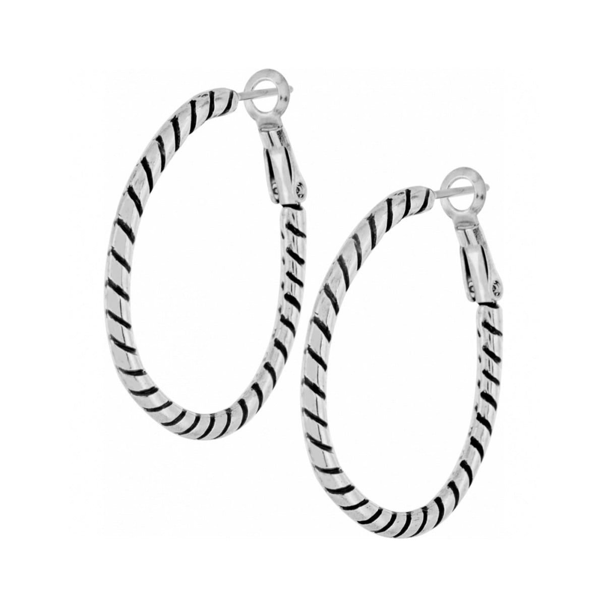 Brighton hoop earrings with silver-tone twisted rope texture and hinged closures on a white background