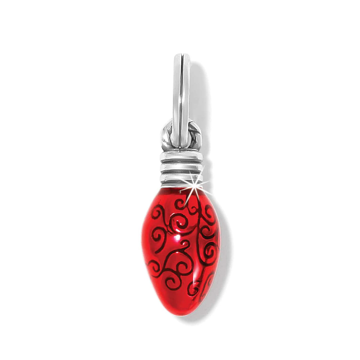 Brighton charm shaped like a red Christmas light bulb with swirl pattern and silver-tone base on a white background