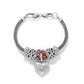 Brighton charm bracelet with silver-plated heart charms, red and clear crystals, and enamel details on a white background