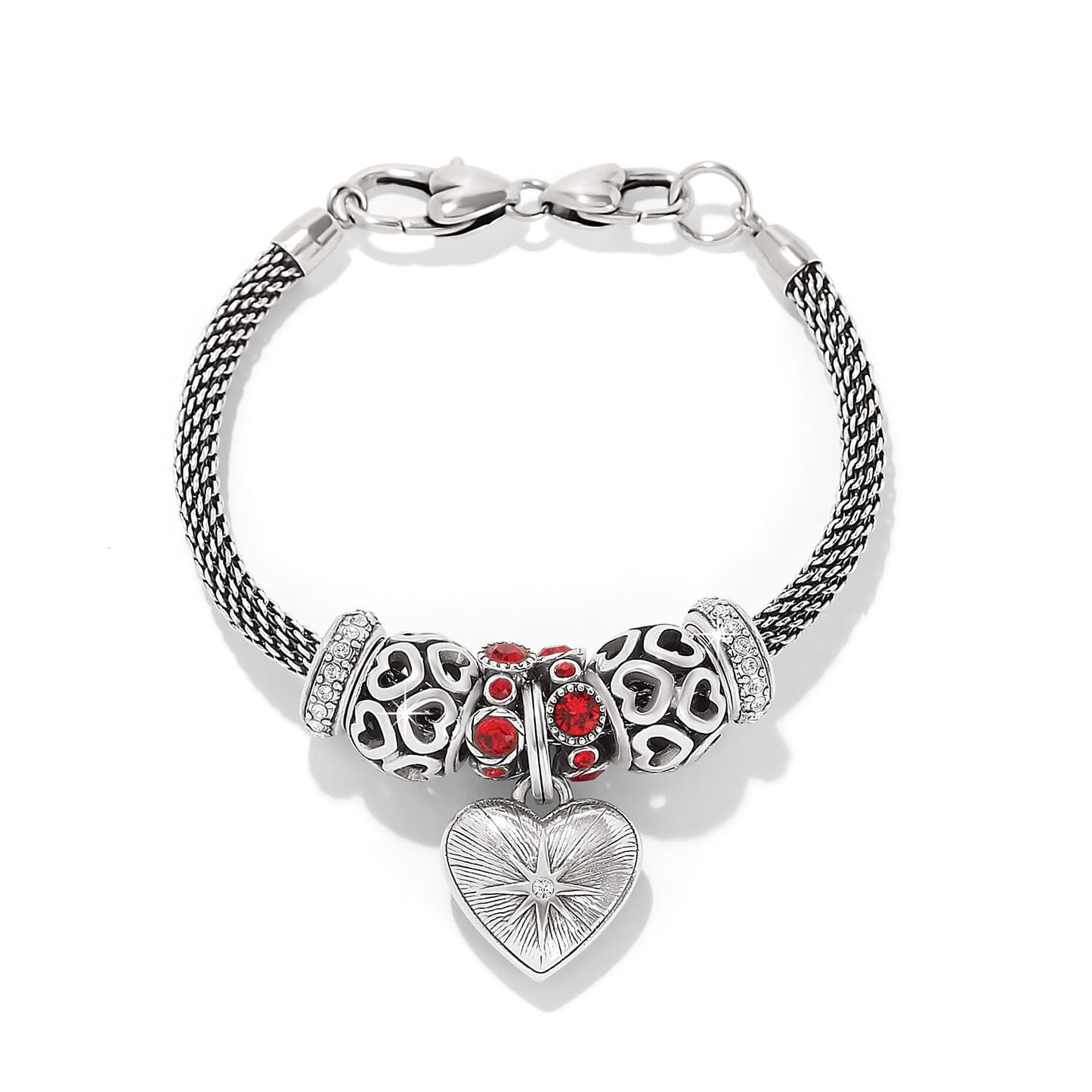Brighton charm bracelet with silver-plated heart charms, red and clear crystals, and enamel details on a white background