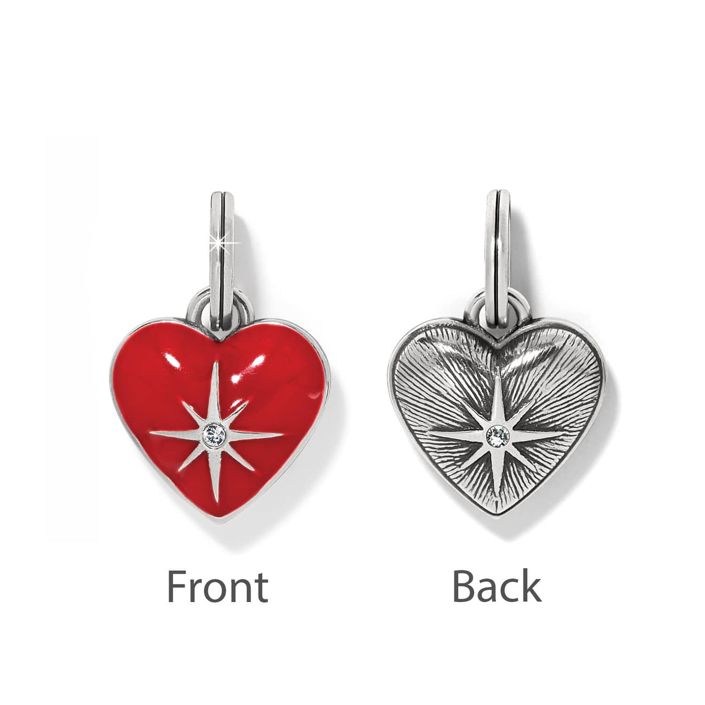 Brighton heart charm with red enamel, silver-plated starburst, and crystal center, shown front and back on white background