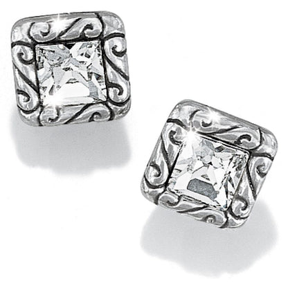Brighton stud earrings with square crystal centers and silver-plated scrollwork frames on a white background