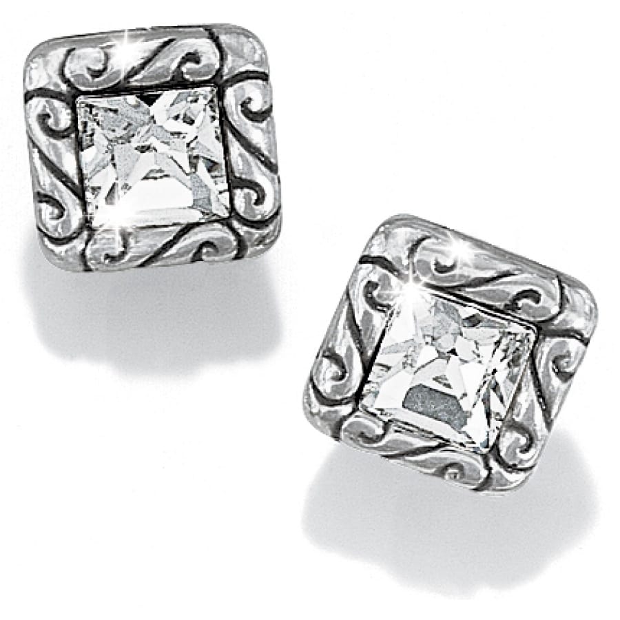 Brighton stud earrings with square crystal centers and silver-plated scrollwork frames on a white background