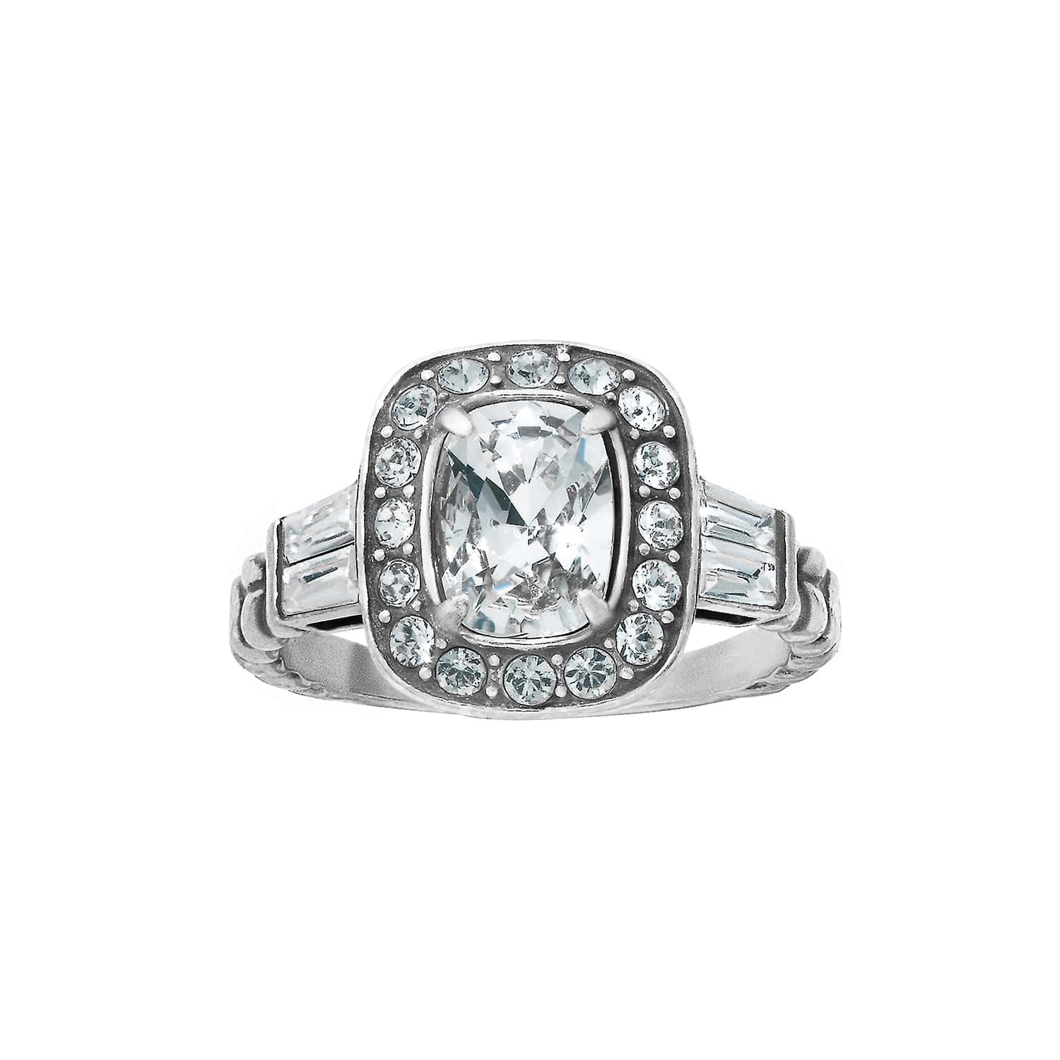 Brighton silver-plated ring with cushion-cut crystal center, halo of small crystals, and baguette side stones on a white background