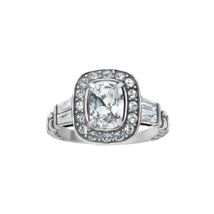 Brighton silver-plated ring with cushion-cut crystal center, halo of small crystals, and baguette side stones on a white background