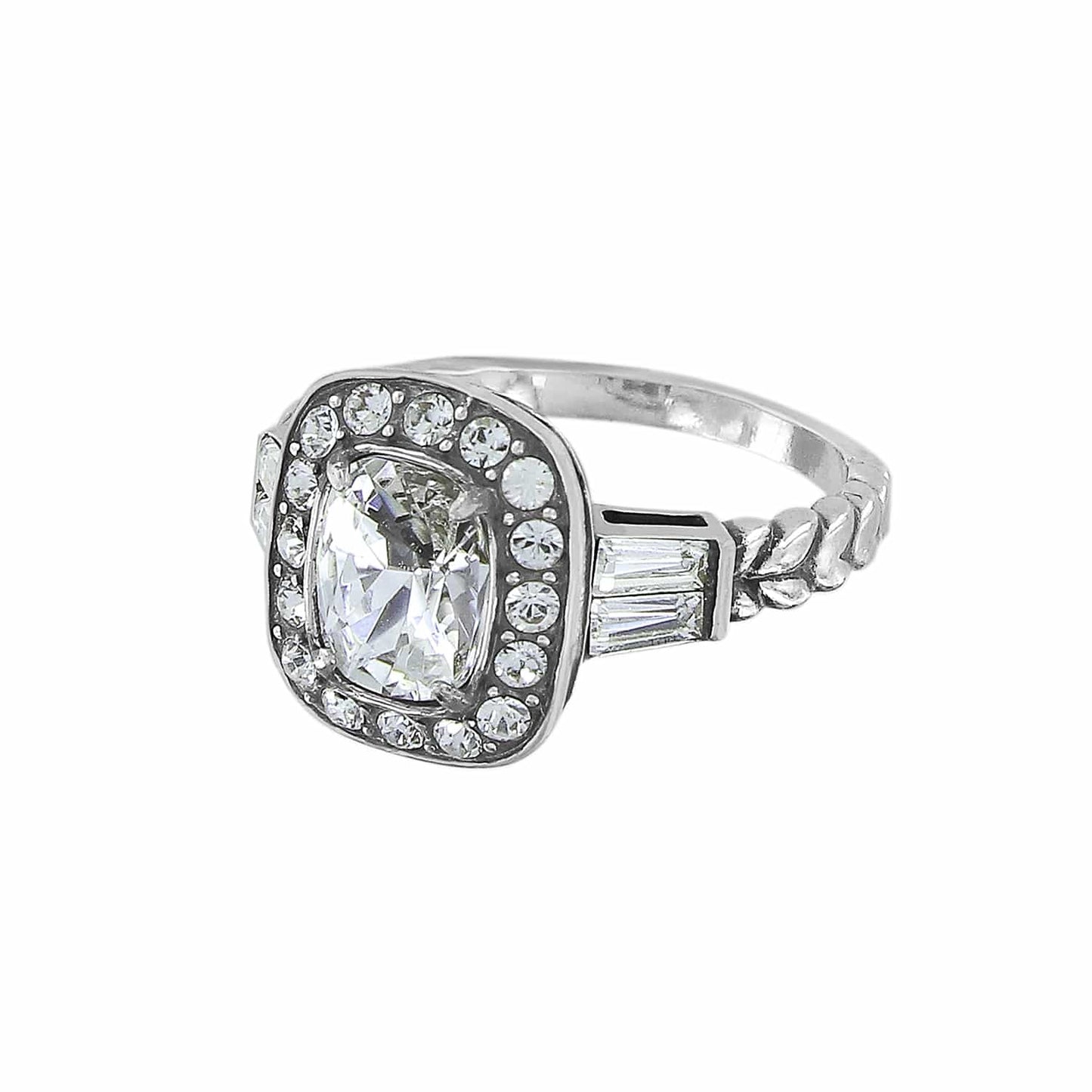 Brighton ring with cushion-cut crystal center, silver-plated halo setting, and baguette side stones on a white background