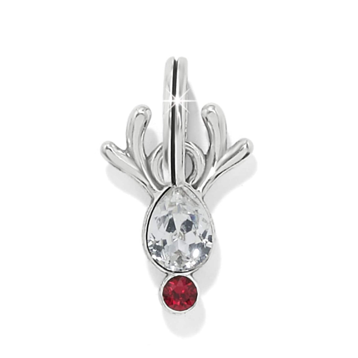 Brighton reindeer charm with silver-plated antlers, clear crystal body, and red crystal nose on a white background
