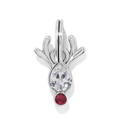 Brighton reindeer charm with silver-plated antlers, clear crystal body, and red crystal nose on a white background