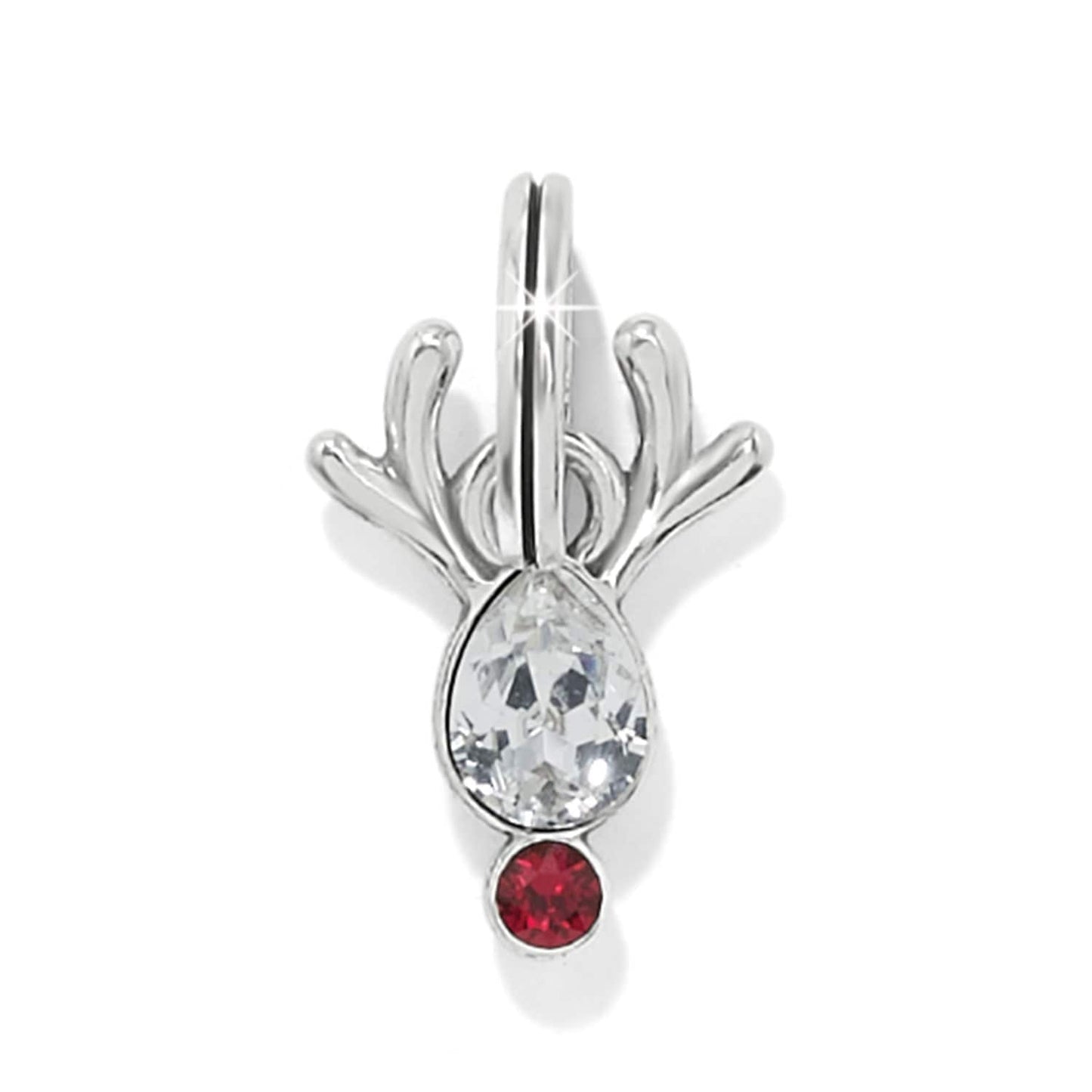 Brighton reindeer charm with silver-plated antlers, clear crystal body, and red crystal nose on a white background