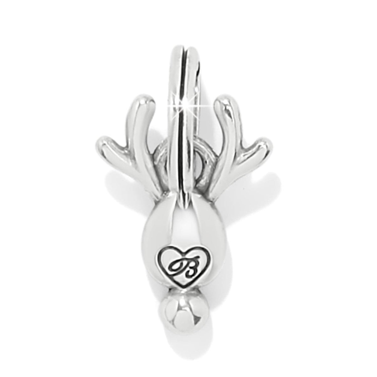 Brighton reindeer charm shown from the back with silver-plated finish and engraved heart logo on a white background