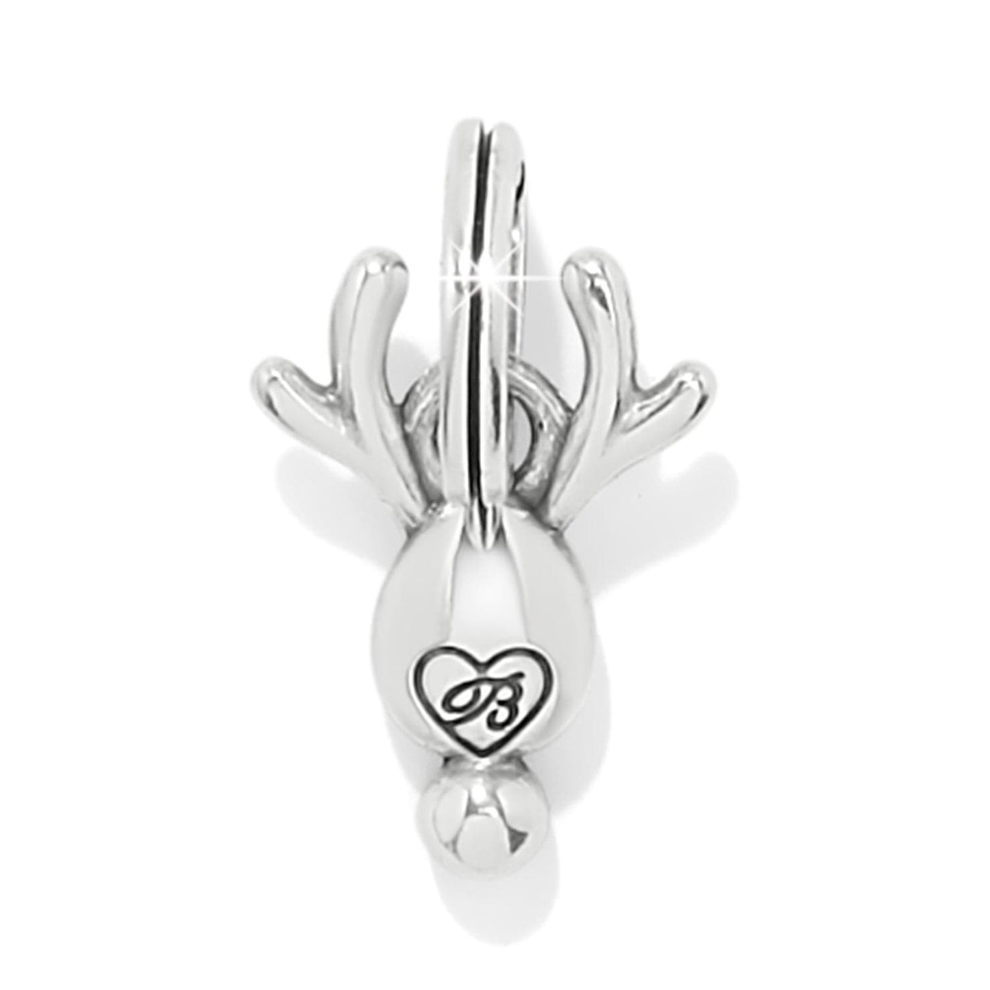 Brighton reindeer charm shown from the back with silver-plated finish and engraved heart logo on a white background