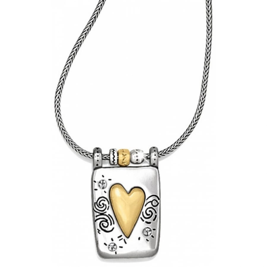 Brighton pendant necklace with brushed gold heart, silver-plated rectangular frame, and swirl engravings on a white background