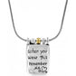 Brighton pendant necklace with engraved message, brushed gold bead accent, and silver-plated chain on a white background